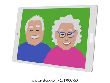 Seniors couple on a generic tablet screen. Boomer Generation people in a video call. Grandma and Grandpa smiling. Flat isometric illustration.
