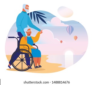 Seniors Couple on Sea Shore Vector Illustration. Old Man and Woman in Wheelchair Cartoon Characters. Happy Retirement. Elderly Married Pair on Beach Together. Husband and Wife Holding Hands