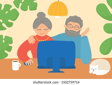 Seniors couple sitting at the table with computer. Stay at home. Vector illustration.