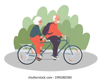 Seniors Couple Together Riding Tandem Bike Outdoors. Happy Senior Couple Woman And Man Traveling Concept. 