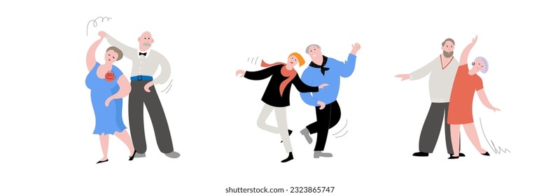 Seniors dance flat vector illustration. Elderly men and women actively spend time.