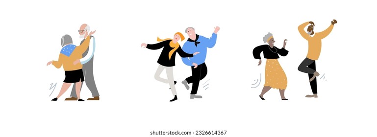 Seniors dance flat vector illustration. Elderly men and women actively spend time.