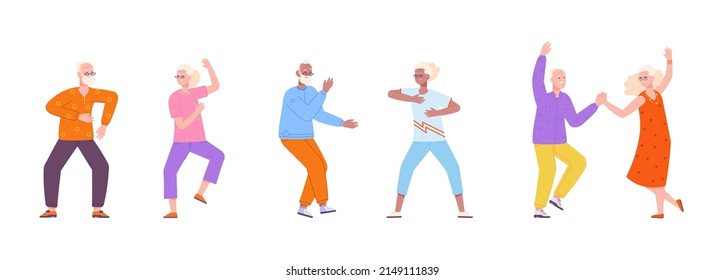 Seniors dancing. Old dance active fun elderly people to aging music, happy grandparents retirement party, elder dancer, felices couple grandma granddad vector illustration. of elderly recreation