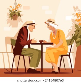 Seniors' date. A couple sits at a table in a street cafe, chatting and having fun. Vector illustration.