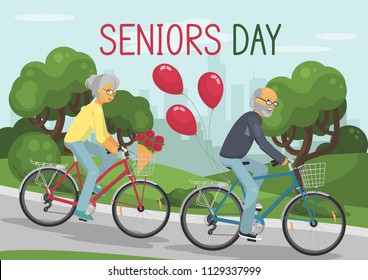 Seniors Day. Senior couple on bikes. Elderly woman and man 55+ with flowers and ballons cycling together outoors in the city park. Vector illustration.