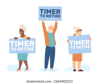 Seniors demonstration. Poster in hands of old men with text Timer to retirement. Elderly people protest. Grandparents showing banners. Retired persons with boards. Vector
