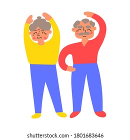 Seniors doing exercises. Flat vector illustration on white background. 