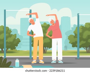 Los mayores están haciendo ejercicios. Formación matutina de pensionistas en el parque. Feliz pareja de ancianos está comprometida con el fitness. Ilustración vectorial en estilo plano