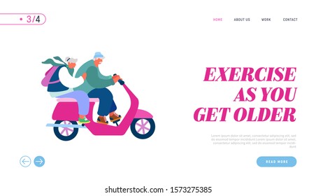 Seniors Driving Scooter Website Landing Page. Adorable Couple of Seniors Riding Motorbike, Pensioner Active Lifestyle, Aged People Extreme Activity Web Page Banner. Cartoon Flat Vector Illustration
