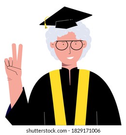 Seniors education concept. An old woman in an academic gown and hat. Received a degree. Vector illustration.