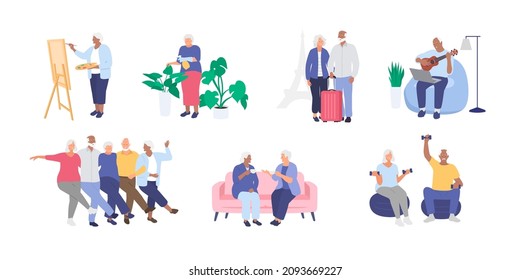 Seniors, elderly people having fun together. Healthy and active lifestyle. Hobby. Grandmother and grandfather. Vector - Shutterstock ID 2093669227
