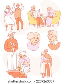 Seniors, elderly people having fun together. Healthy and active lifestyle. Hobby. Grandmother and grandfather vector set 