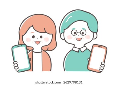Seniors and elderly people showing their smartphone screens Hand-drawn illustrations 2tone color