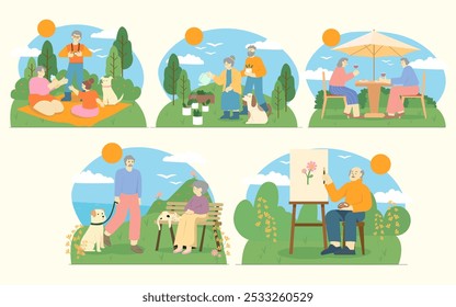 Seniors enjoying hobbies and leisure outdoors. Vector illustrations