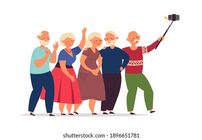 Seniors group. Old people, elderly friends together doing selfie. Happy cartoon modern grandparents using smartphone decent vector concept