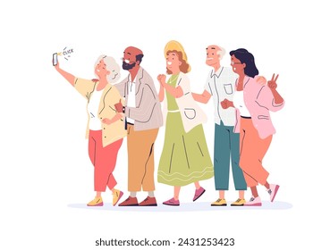 Selfie de grupo de adultos mayores. Los abuelos modernos que tienen fotos, la sonrisa de la persona mayor para la fotografía en el teléfono inteligente, la caricatura de la gente mayor selfies retrato, ilustración vectorial de la persona mayor hacer selfie