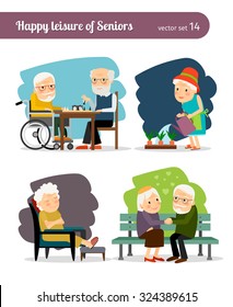 Seniors happy leisure. Grandmothers and grandfathers communicate and spend leisure