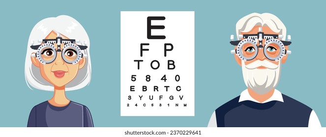 
Seniors Having Their Vision Checked During Medical Examination Vector Illustration. Couple of pensioners passing an eye test in an ophthalmology clinic
