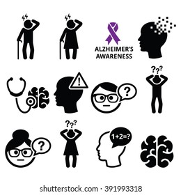 
Seniors health - Alzheimer's disease and dementia, memory loss icons set
