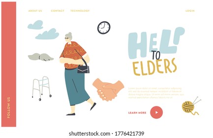 Seniors Help and Support Landing Page Template. Old Woman in Glasses Walk Outdoors. Aged Female Character Walking Frame, Knitting Hobby and Leisure Time in Nursing Home. Linear Vector Illustration