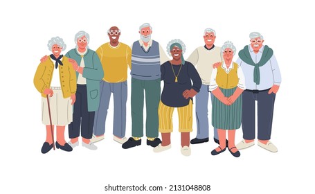 Seniors huddle and smiling. Happy group of diverse old people standing together isolated on white background. Vector illustration in cartoon flat style.