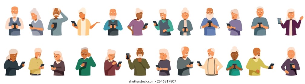  Seniors learning smartphones icons set. Diverse group of elderly people using smartphones, showcasing seniors engaging with mobile technology