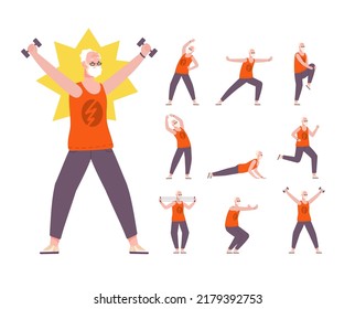 Seniors Man Exercise. Pensioner Sport Exercises Gym, Active Aged Grandpa Fitness Training Healthy Old Athlete Doing Aerobics Activity Fresh Grandfather Vector Illustration. Active Adult Do Exercise