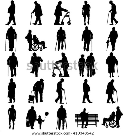 Seniors mature person in walking pose, old people active life. Old man person walking with stick. Vector character isolated on white. Grandpa and grandmother vector silhouette illustration. Healthcare