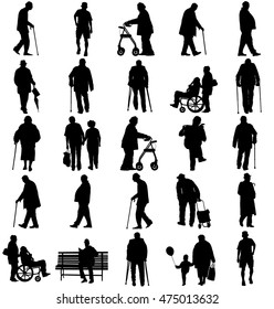 Seniors mature persons in many walking pose, casual active life. Old man persons walking with stick. Vector characters isolated on white background. Group of grandpa and grandmother vector silhouette.