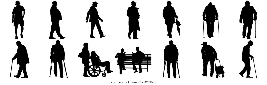 Seniors mature persons in many walking pose, casual active life. Old man persons walking with stick. Vector characters isolated on white background. Group of grandpa vector silhouette.
