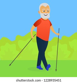 Seniors nordic walking. Old man and woman walking together. Elderly people active lifestyle. Vector illustration
