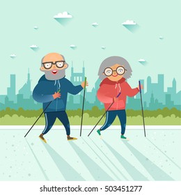 Seniors nordic walking. Old man and woman walking together on city background. Elderly people healthy lifestyle. Couple fitness. Vector colorful illustration in flat style