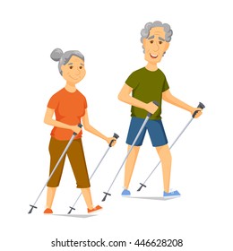 Seniors nordic walking. Pensioners walk together. Old man and women leisure. Cartoon  character sport vector illustration. Elderly people hiking and have a fun. Couple fitness. Healthy lifestyle