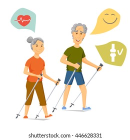 Seniors nordic walking. Pensioners walk together. Old man and women leisure. Cartoon  character sport vector illustration. Elderly people hiking and have a fun. Couple fitness. Healthy lifestyle