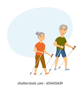 Seniors nordic walking. Pensioners walk together. Old man and women leisure. Cartoon character sport vector illustration. Elderly people hiking and have a fun. Healthy lifestyle