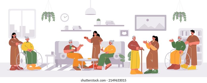 Seniors in nursing home or hospice, volunteers care of elderly characters on wheelchair, aged men and women playing cards, communicate, oldies lifestyle, rehabilitation Linear flat vector illustration