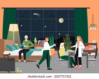 Seniors in nursing home. Old people reading, getting nurse assistanse, flat vector illustration. Leisure. Elderly care.