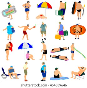 Seniors on beach holiday vector illustration. Mature persons sunbathing. Older people camping. Sunny day, Skin care protection concept. Old people active summer life. Man and woman on weekend together