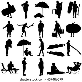 Seniors on beach holiday vector silhouette. Mature persons sunbathing. Older people camping. Sunny day, Skin care protection concept. Old people active summer life. Man and woman on weekend together