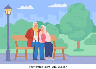 Seniors on bench. Senior couples sitting in park enjoying nature, elder retired couple outdoors, love of grandparents retirement lifestyle people, vector illustration. Senior couple elderly retirement