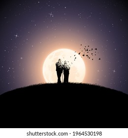 Seniors on moonlight night. Death and afterlife. Full moon silhouette