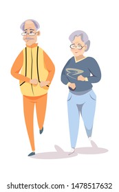 Seniors on morning run flat vector illustration. Elderly married pair, aged man and woman in sportswear cartoon characters. Happy retirement, healthy lifestyle. Old people jogging
