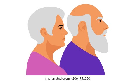 Seniors On White Background. Elderly Couple, Side View. Old Woman With Short Gray Hair Near Old Man, Her Husband. Concept Of Retirement, Old Age, Healthy Lifestyle, Longevity. Realistic People In Mode