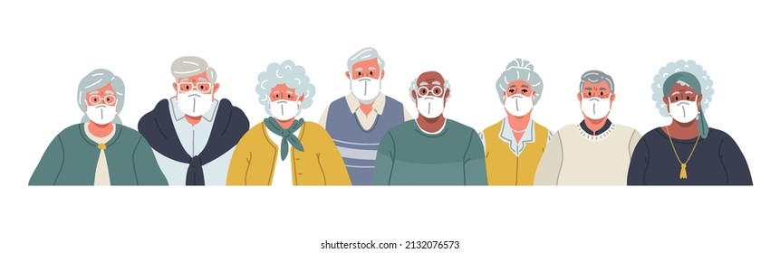 Seniors people in medical masks.Diverse old people in row trying to protect flu,viruses,diseases isolated on white background.Vector illustration in cartoon flat style.