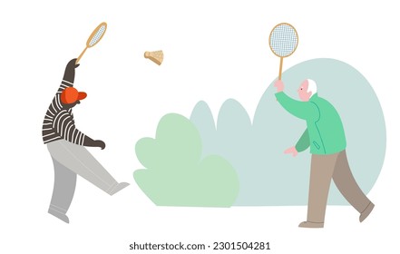 Seniors people playing tennis. Outdoor activity for retired people, healthy lifestyle. Cartoon vector illustration isolated on white background