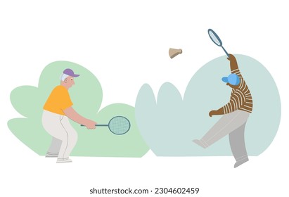 Seniors people playing tennis. Outdoor activity for retired people, healthy lifestyle. Cartoon vector illustration isolated on white background