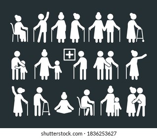 Seniors pictogram. Elderly people standing in various poses old parents insurance humans vector symbols