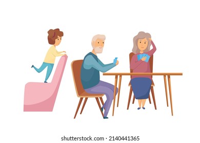 Seniors play cards. A little girl is watching the game. Vector cartoon illustration.