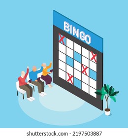  Seniors playing bingo  isometric 3d flat vector illustration concept for banner, website, landing page, ads, flyer template, etc