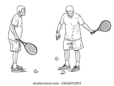 Seniors playing tennis,sport active healtyy life, two elderly mature bearded,gray hair, tennis racquets, vector contour hand drawing isolated on white